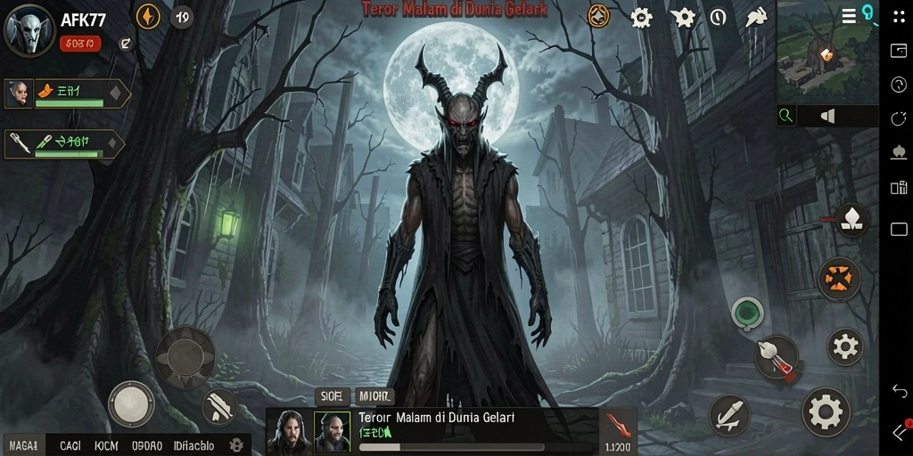 Gameplay AFK77 yang menegangkan dengan suasana gelap dan menyeramkan.