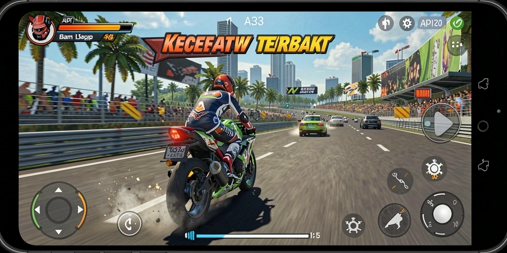 Tampilan gameplay seru dalam balapan motor yang mendebarkan.