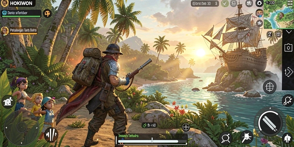 Tangkapan layar gameplay HOKIWON di dunia terbuka yang luas.