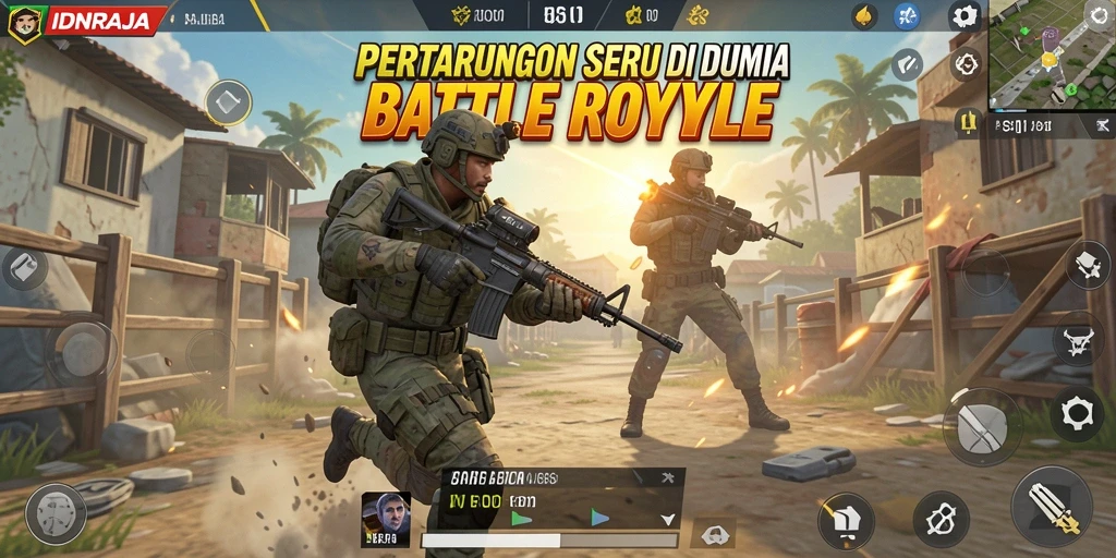 Tangkapan layar utama IDNRAJA menampilkan aksi intens dalam pertempuran Battle Royale.